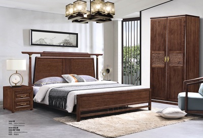 新中式乌金木床360#、床头柜363#、两门衣柜348#